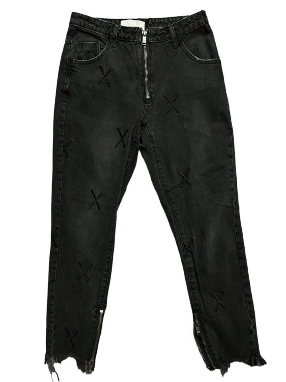 ONE TEASPOON Black X Embroidered Zipper Hem Ankle Jeans 24
